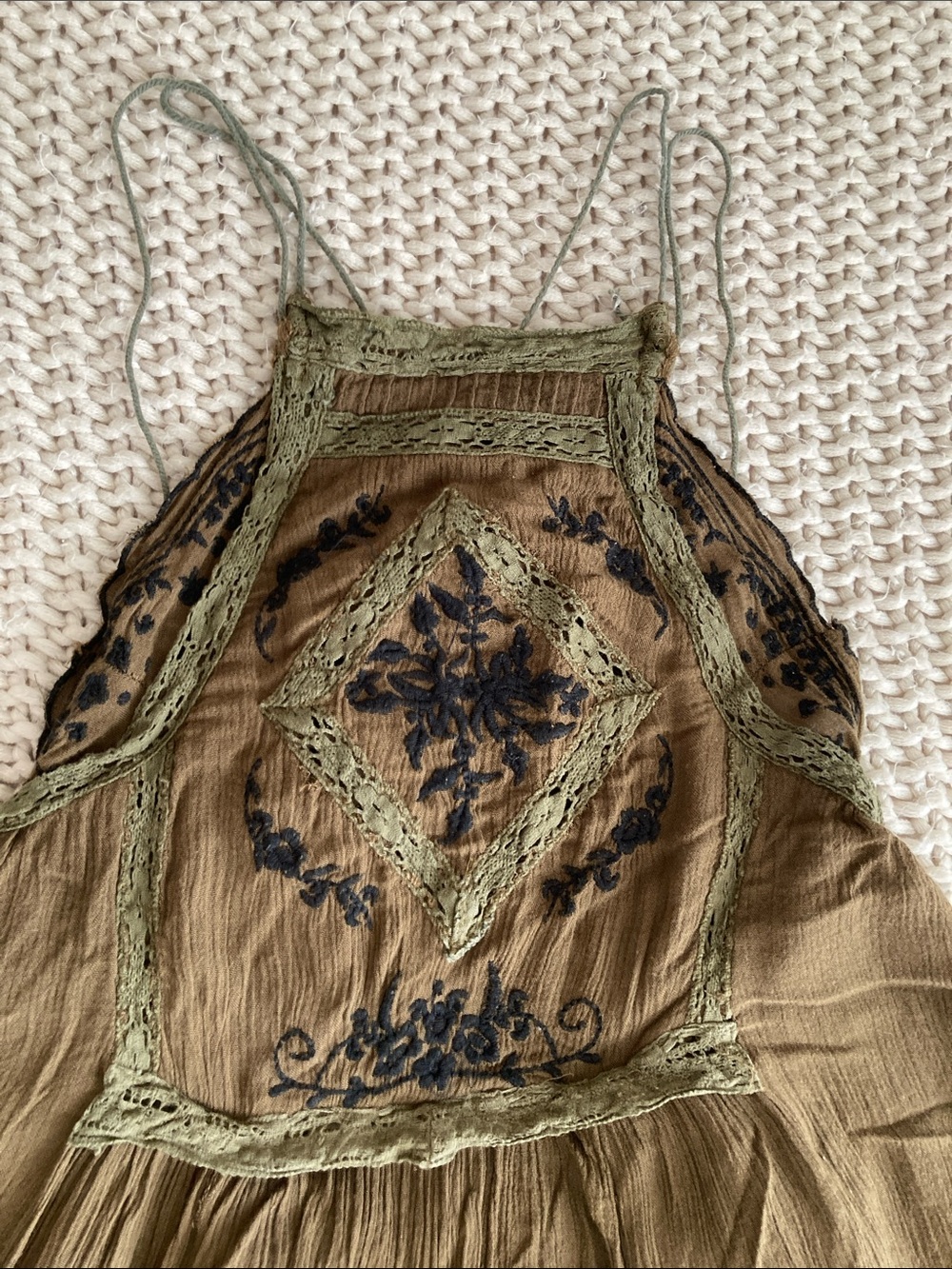 Free People Olive Green Embroidered Maxi Dress Size XS Vacation Maxi Fairycore - Picture 2 of 8